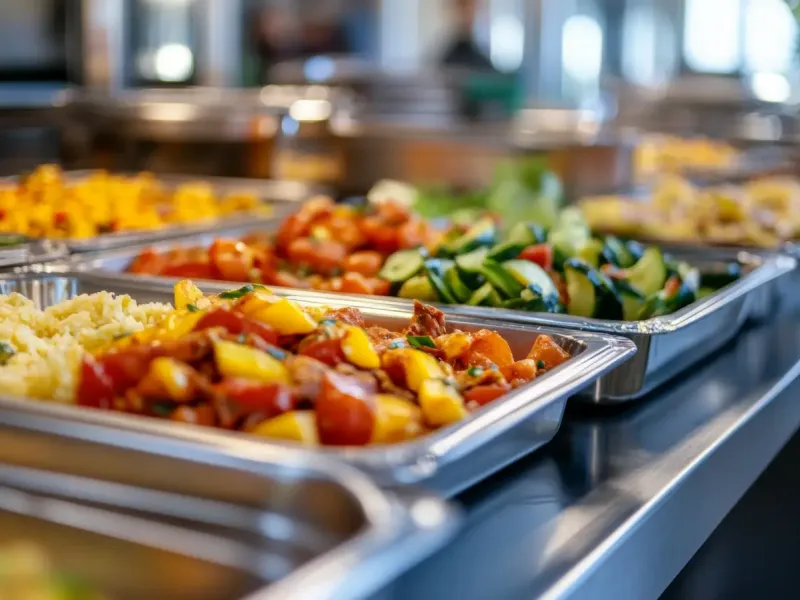 Lumen on Ninth Student Living Apartments A variety of colorful dishes in metal trays on a buffet table in a cafeteria setting.