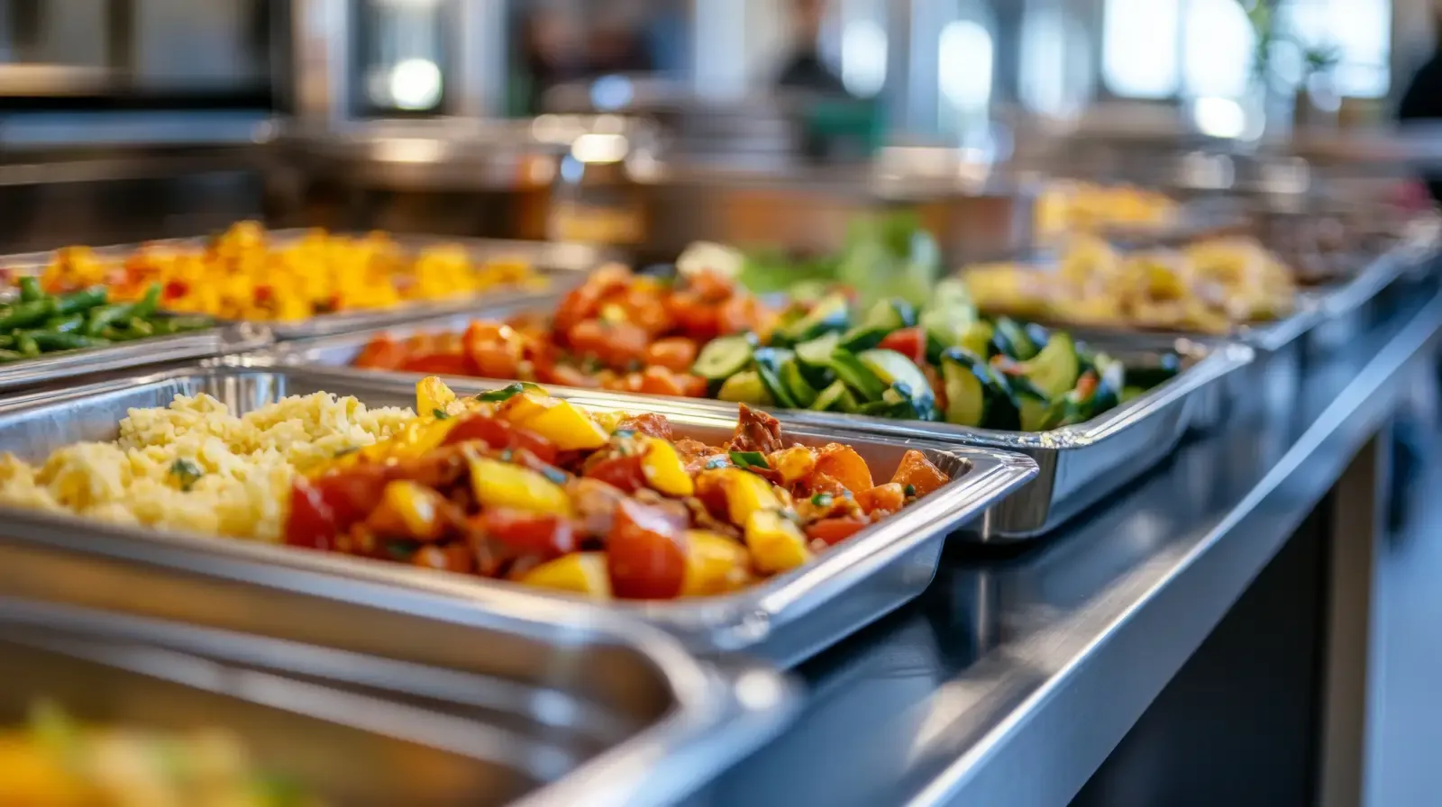 Lumen on Ninth Student Living Apartments A variety of colorful dishes in metal trays on a buffet table in a cafeteria setting.